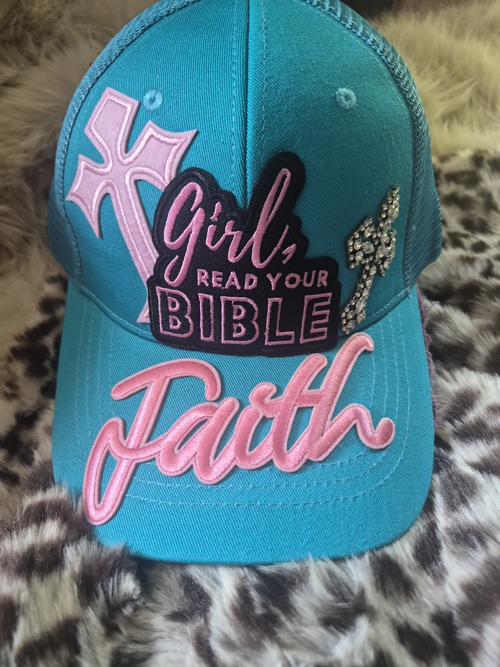 Turquoise Faith Baseball Cap with Pink Embroidery
